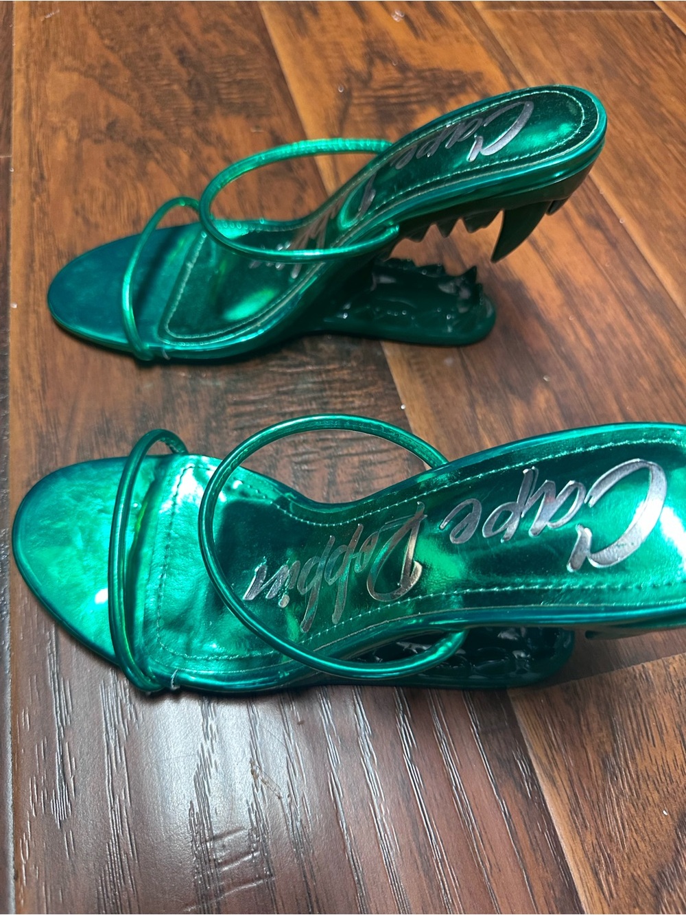 Cape Robbin Metallic Green Strappy Fang Heel Sandals